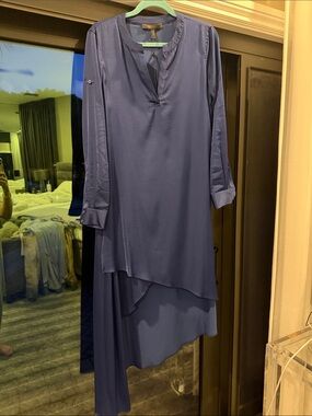 Navy Asymmetric Silk Long-Sleeve Tunic Dress